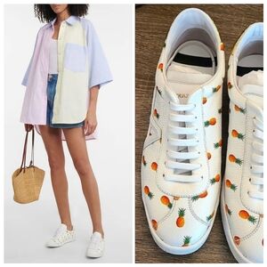 🆕️ Aquazzura Leather Low Top Sneakers Size 9.5 White Leather Pineapple